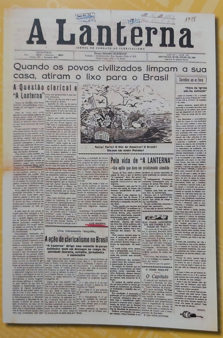 1901 - A Lanterna, semanário porta-voz das Ligas anticlericais do Estado de São Paulo