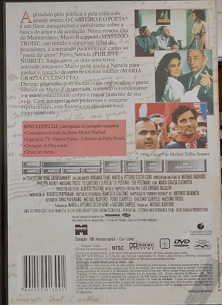 Dvd O Carteiro e o Poeta, Oscar de Melhor Trilha Sonora, 1996