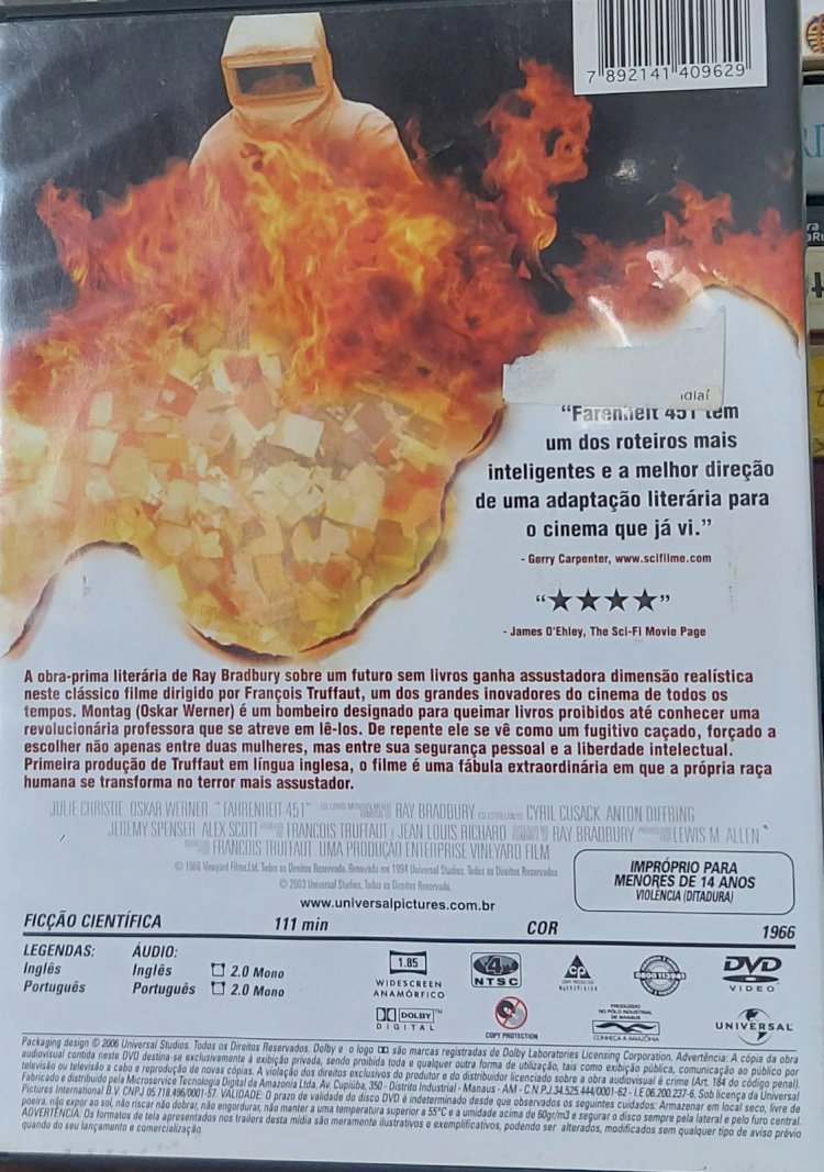 Dvd Fahrenheit 451, Direção de François Truffaut, do Livro de Ray Bradbury